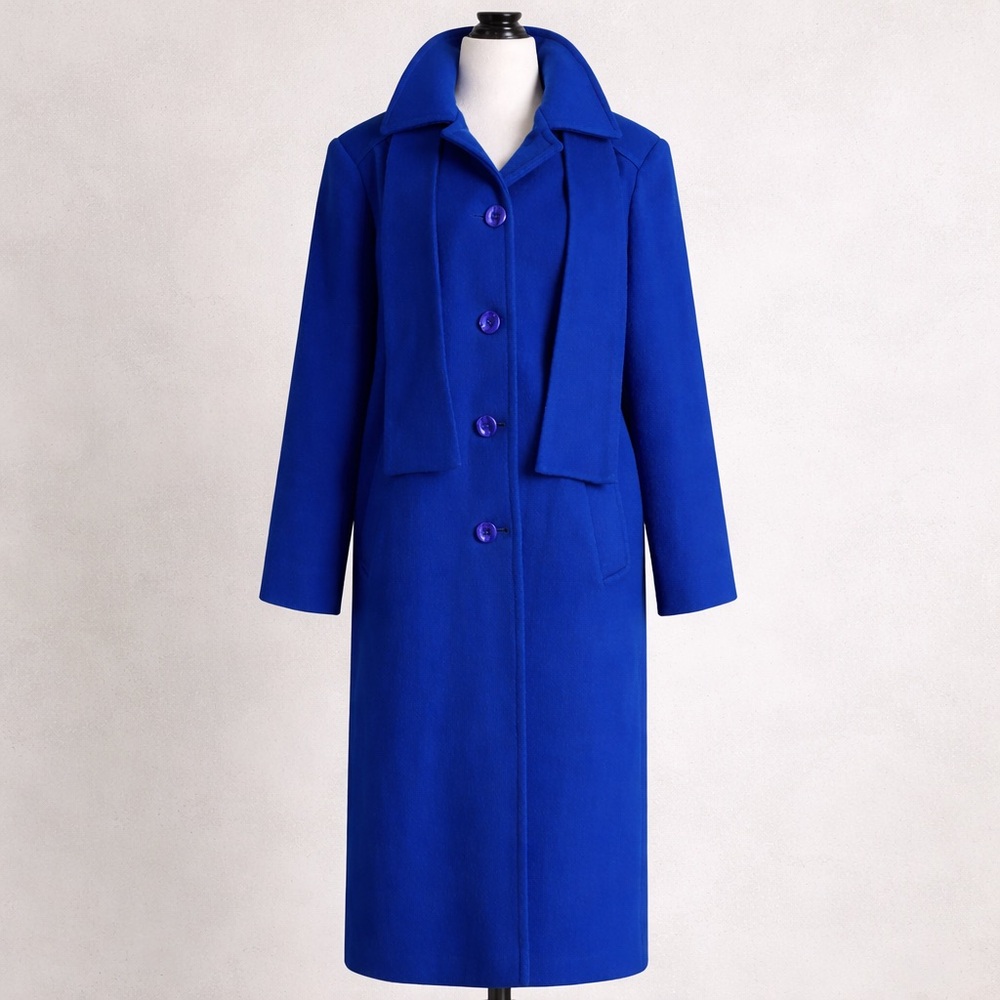 Cobalt Blue Pure Virgin Wool Coat with Attached Scarf Women’s M/L